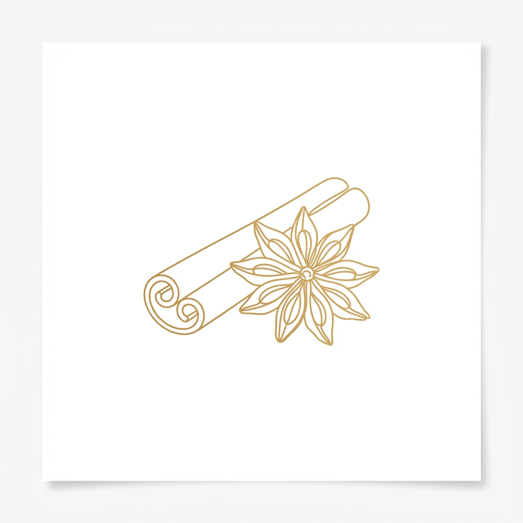 Cinnamon bark curl with star anise, gold line illustration