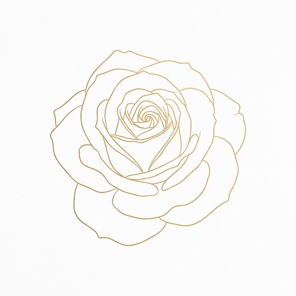 Rose bloom from above, gold line illustration