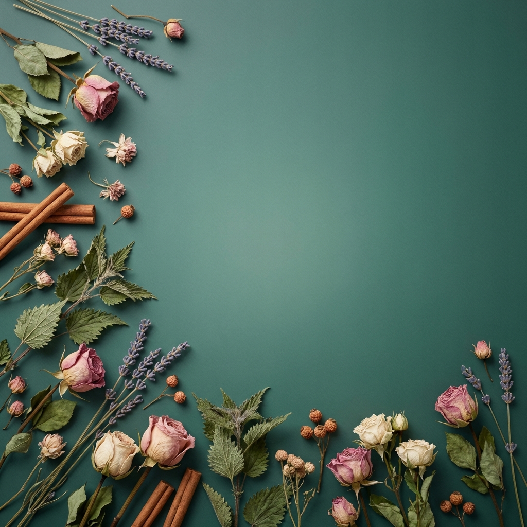 Dried botanicals arranged on graduated teal surface