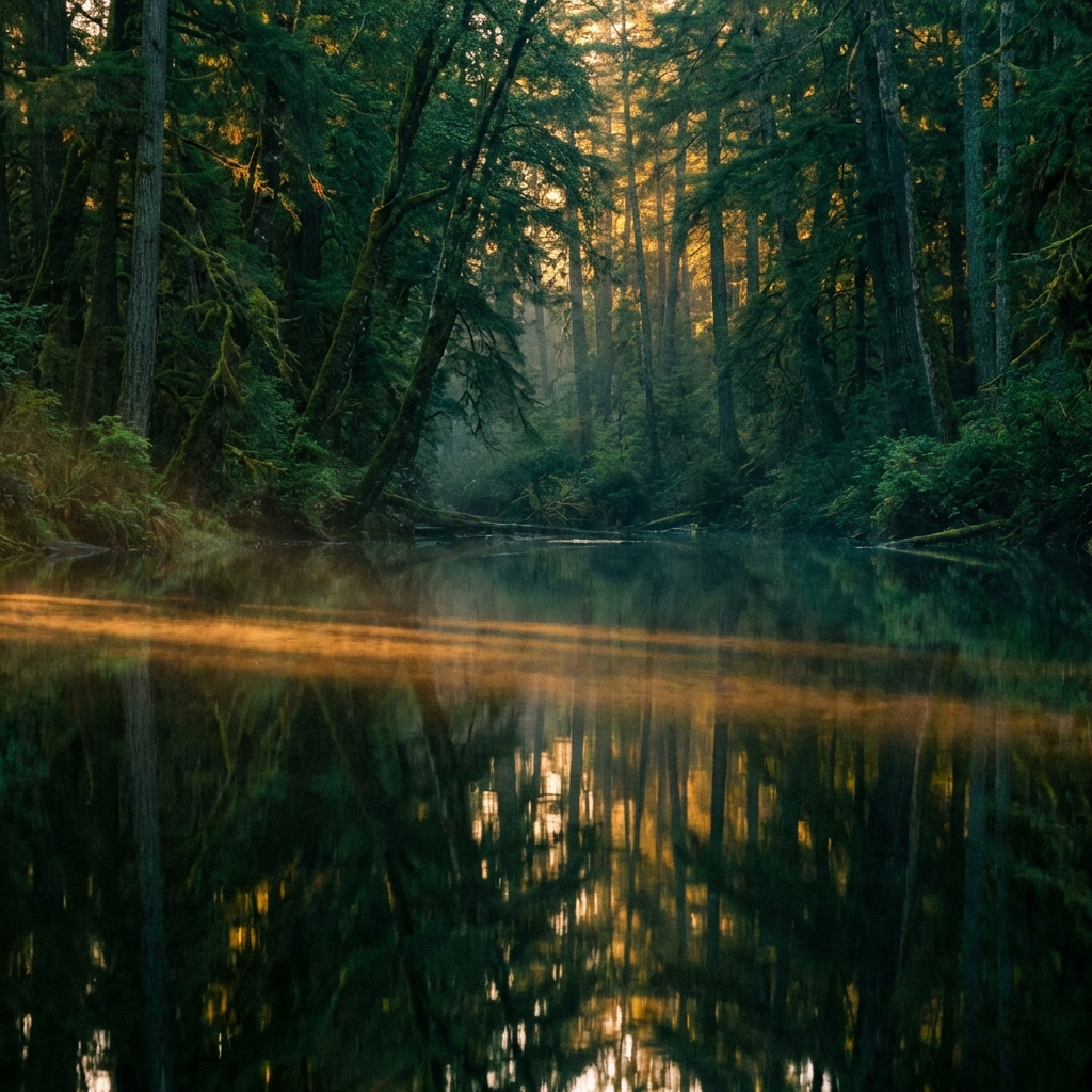 Forest canopy with golden hour light reflecting on water