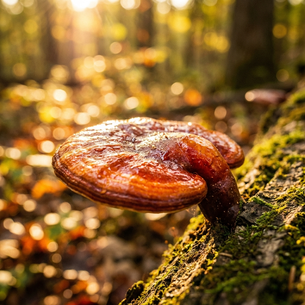 Reishi mushroom macro in golden light