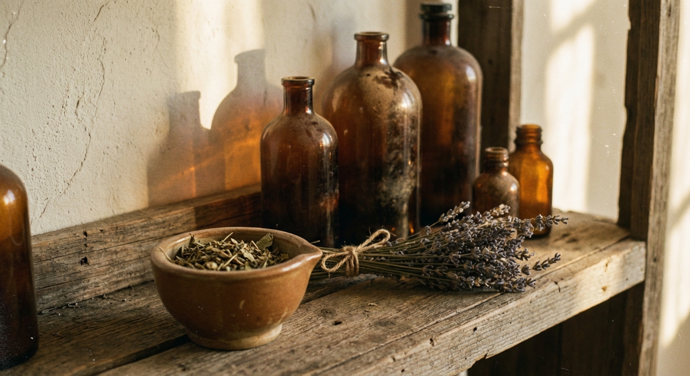 Sunlit apothecary shelf with amber bottles and dried herbs