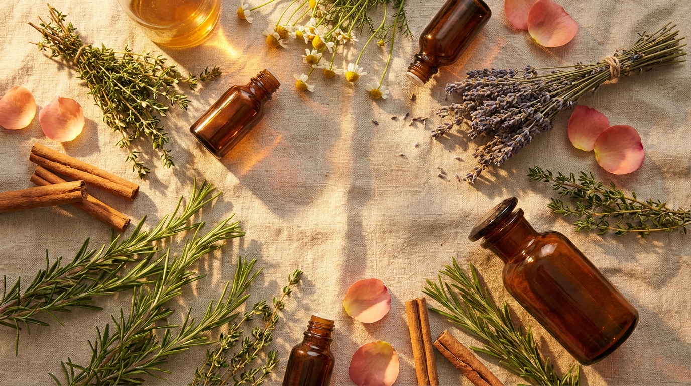 Golden hour sunlit botanical flat lay with amber bottles, herbs, cinnamon, rose petals on linen