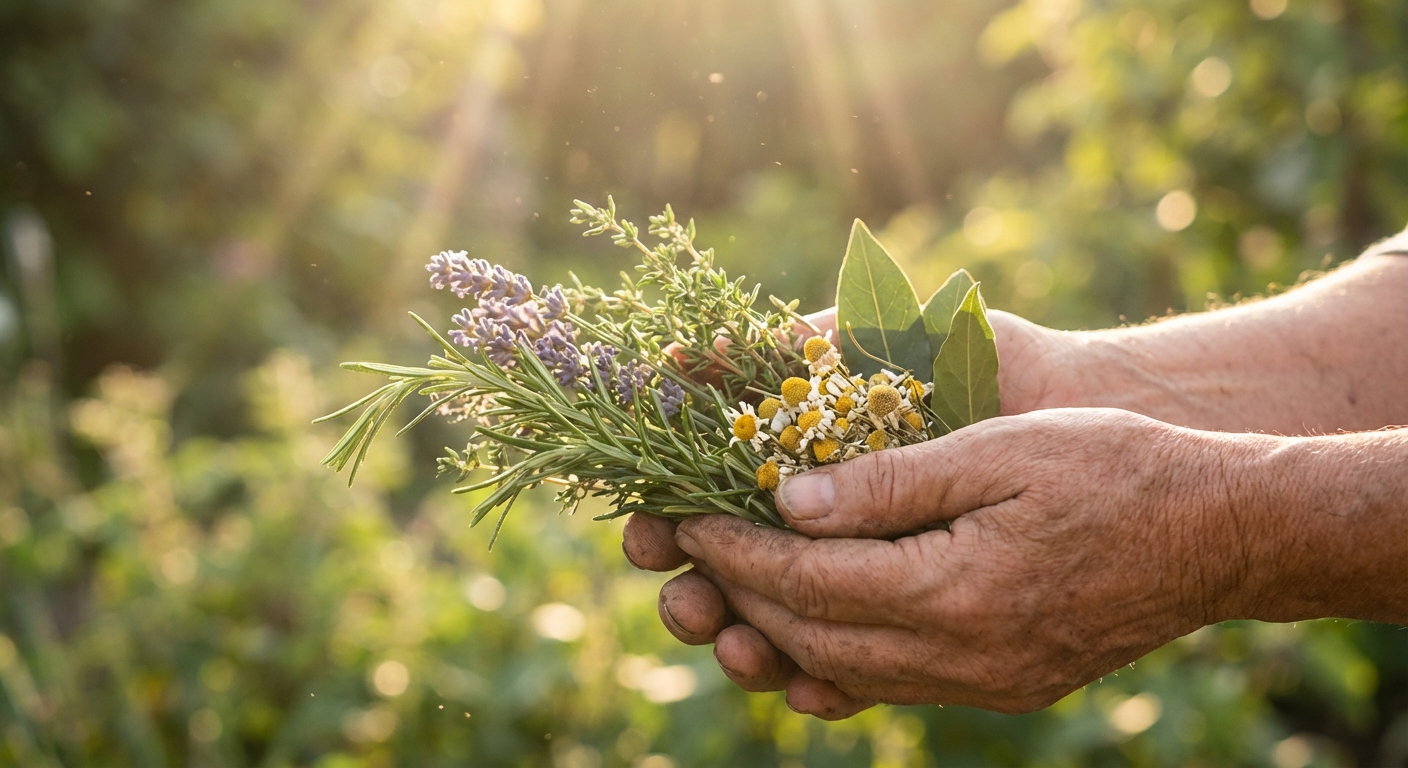 Hands holding fresh herbs in golden sunlight